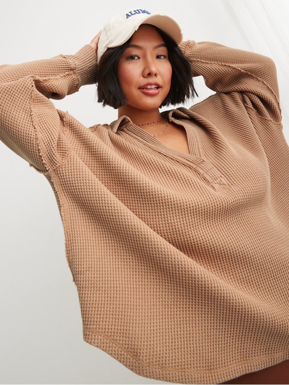 Aerie LumberJane Waffle Knit Polo Sweatshirt XS Tan Cottagecore Cabincore Fall